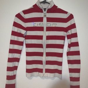Striped Bebe rhinestone logo zip up